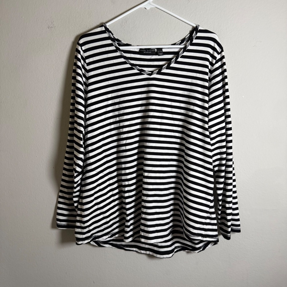 Susan Graver Weekend Black White Striped V-Neck Top Pockets Petite XLP
